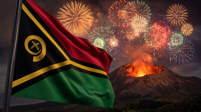 National flag of Vanuatu waving before erupting volcano with colorful celebratory fireworks at night