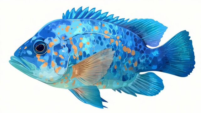 Vibrant blue fish with orange spots swims gracefully. Its fins ripple gently in clear, calm water. Bold patterns shimmer under bright, even light. Ideal for aquatic, marine, or nature-themed visuals