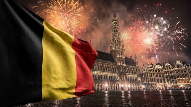 Waving Belgian flag over Brussels Grand Place with fireworks display during night celebration in city square