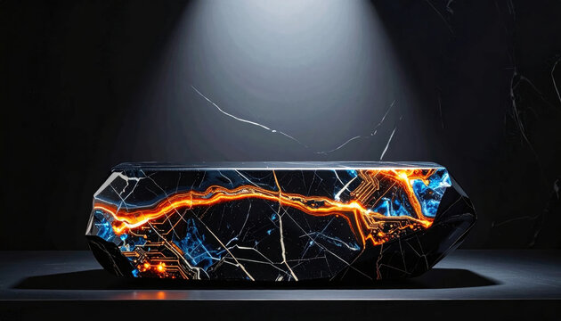 Futuristic glowing circuitry pattern emitting orange and blue energy against a dark, modern background