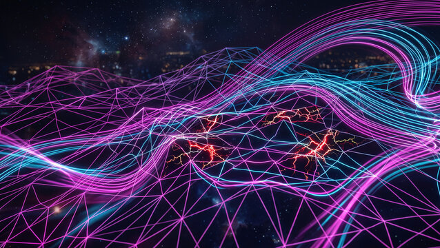 HDR photography of a swarm AI spatial mapping topographical mesh with glowing neon abstract magenta and blue waves