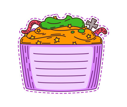 Halloween holiday cupcake kids memo note template. Halloween creepy to do list memo note, scary scrapbook vector label. October spooky schedule frame with worm and gravestone on spooky cupcake dessert