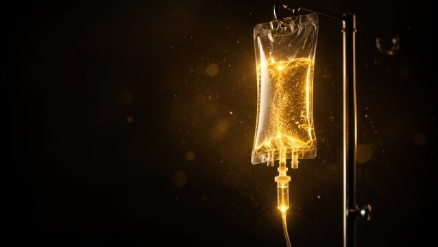 NAD+ IV Drip Bag Glowing Golden with Luminous Particles on Dark Background for Longevity Infusion Therapy and Cellular Rejuvenation Render