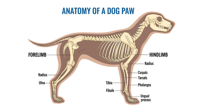 Detailed Canine Skeletal Diagram side view with anatomical labels for limbs and bones ideal for veterinary education and pet health blogs.