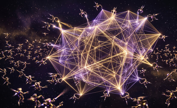 HDR photography of micro-bots sharing processing power to build a glowing neon abstract polyhedral core