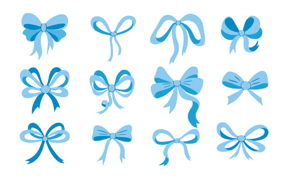 Cute blue bows in flirty style. Festive beautiful tied ribbons. Set of pastel light blue accessories. Collection of various flirty bows, clip art. Vector elements