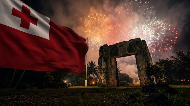 Waving national flag of Tonga near Haamonga a Maui stone trilithon under festive night fireworks display