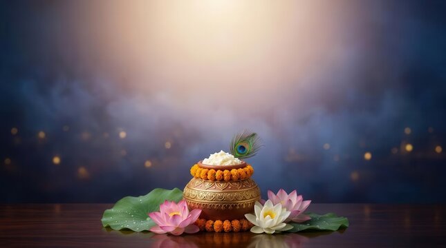 Dahi Handi Butter Pot with Peacock Feather and Lotus for Janmashtami Festival Celebration Background