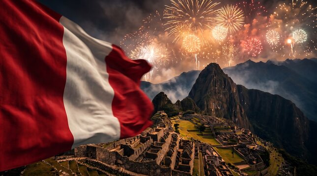 Waving Peruvian flag in foreground overlooking Machu Picchu ruins with golden fireworks in night sky background