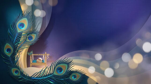 Janmashtami Background with Peacock Feathers and Krishna Baby Cradle Swing for Hindu Festival Greeting Card