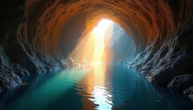 Sun rays pierce through cave tunnel opening illuminating calm water. Rock formations form natural cavern walls. Bright light at end suggests hope or exit, guiding through dark underground river.