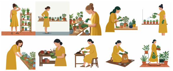 Fototapeta premium Collection of Flat Vector Illustrations of a Woman Gardening and Caring for Indoor Houseplants and Succulents