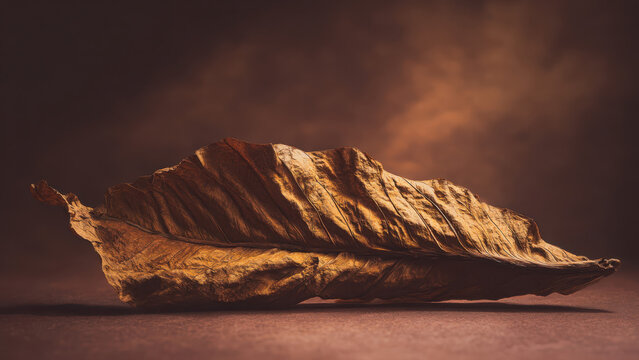 A large, dried golden-brown leaf rests on a matching surface, highlighted by warm light against a smoky brown background.