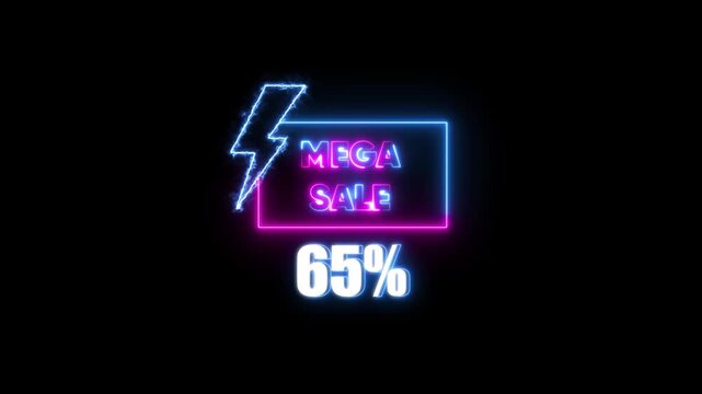 Neon mega sale 65 percent off sign with lightning bolt animation for retail marketing desi
