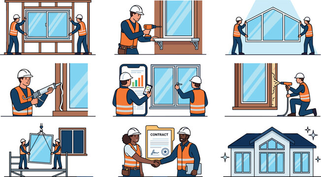 Window Installation and Home Renovation Vector Concept Set with Construction Workers Mounting Glass Panels, Sealing Frames, Signing Contracts, and Mobile App Tracking