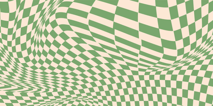 green checkerboard pattern. Repeating distorted checkered texture. Groovy trippy abstract background. Vintage retro style wallpaper for textile, fabric, wrapping paper. Vector check surface vector ilu