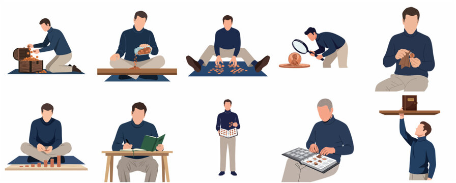 Numismatics hobby set illustration featuring a man collecting, sorting, examining, and organizing coins in albums and treasure chests.