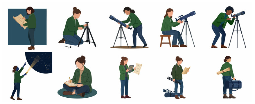 Collection of female astronomers and hobbyists engaged in stargazing activities with telescopes and star maps, flat vector illustration