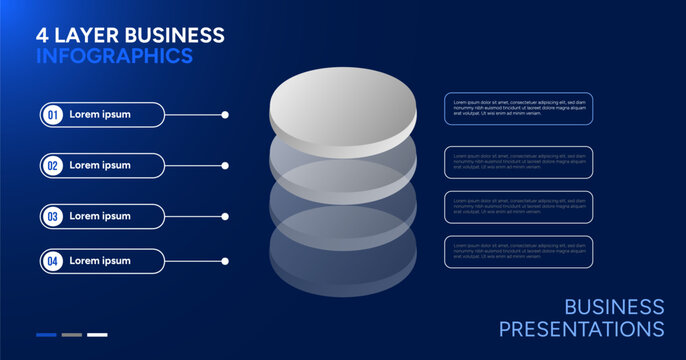 Isometric 4 Layer Cylinder Stack Infographic Presentation Template on Dark Blue Background