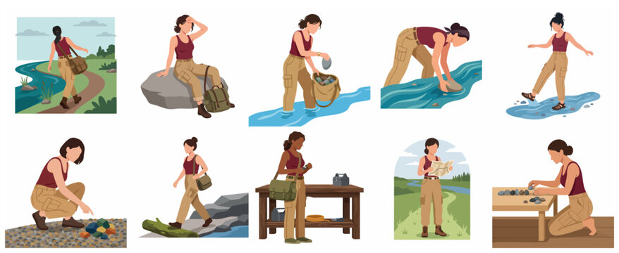 Female geologist and rock hunder collection set, woman exploring nature and gathering mineral specimens illustration