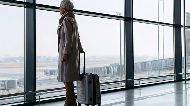 一人旅をするシニア女性 空港でスーツケースを持つ高齢女性の旅行イメージ