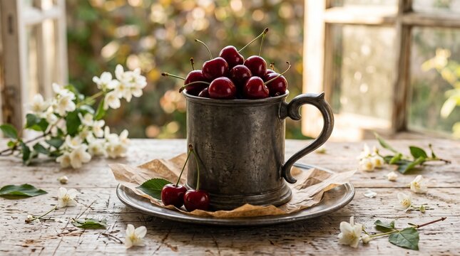 Rustic still life with fresh red cherries in vintage pewter mug on wooden table by window