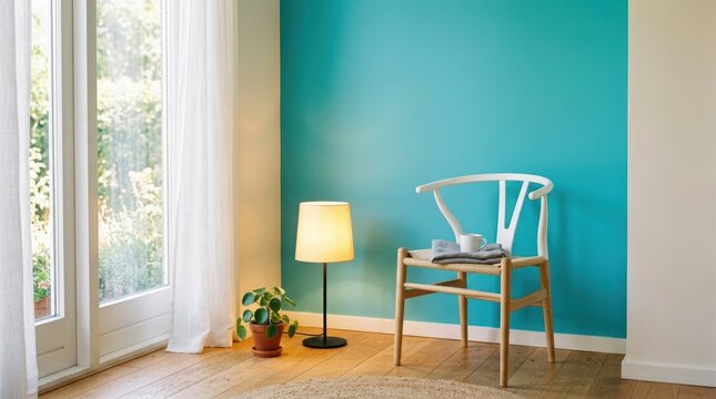 Cozy corner with a wishbone chair and a bright turquoise accent wall