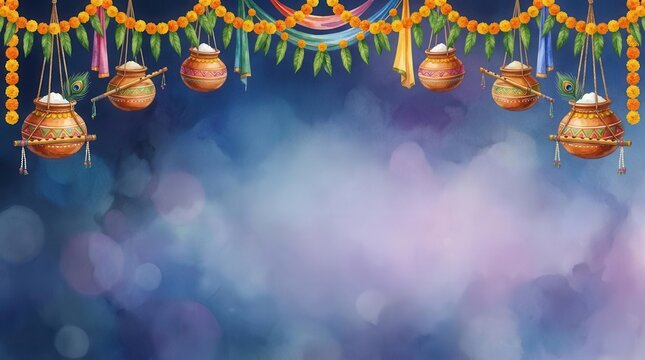 Krishna Janmashtami background with hanging dahi handi pots, marigold flower garlands, peacock feathers, and flutes on blue watercolor backdrop