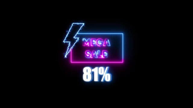 Neon mega sale 81 percent off glowing lightning bolt sign animation for retail marketing