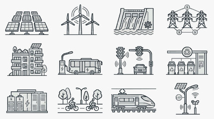 Fototapeta premium Modern Black and White Line of Smart Sustainable City Infrastructure and Green Energy Solutions