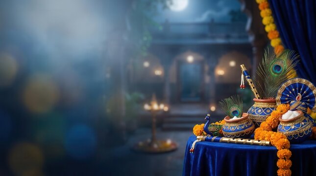 Krishna Janmashtami festive background with decorative pots, peacock feathers and flutes on a table at night under the moon