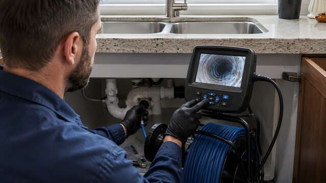 Plumber Inspecting Drain Pipe with Sewer Camera