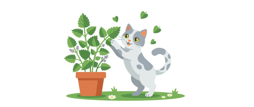 Cute cartoon cat playing with a potted catnip plant on a grassy background