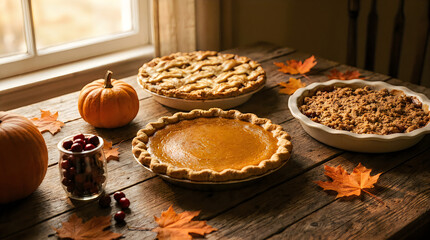 Fototapeta premium Rustic autumn table scene featuring homemade pumpkin pie fresh apple cobbler baked fruit lattice crust pie with scattered maple leaves small glass bowl of fresh cranberries pumpkins.