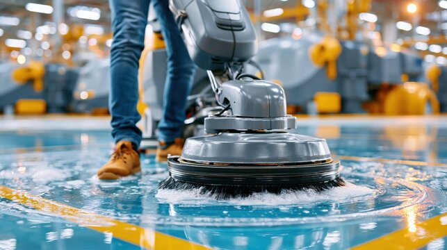 Automatic floor scrubber machine cleaning an industrial facility floor. Concept of commercial cleaning, facility maintenance, industrial hygiene and professional cleaning services