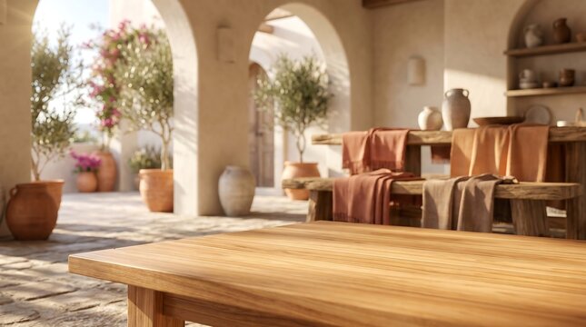 Wooden table top mockup in a rustic Mediterranean courtyard with stone arches and sunlit olive trees for product display.