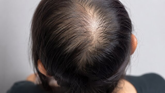 Top view of person with hair loss showing scalp bald spot thinning hair on head close up detailed image