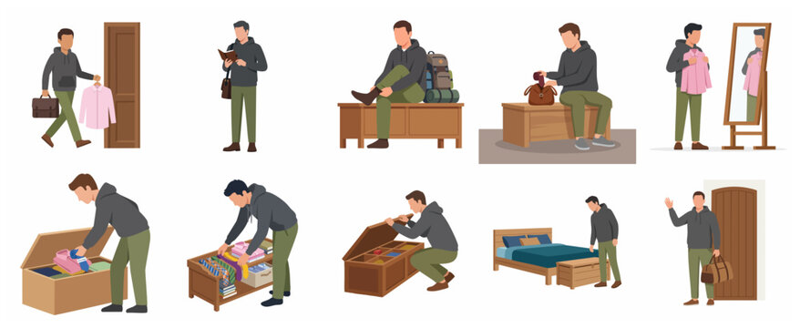 Man getting ready, packing clothes, and organizing wardrobe for travel vector illustration set.