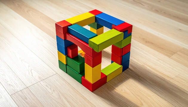 Colorful Wooden Blocks Assembled into an Impossible Cube Structure on a Wooden Floor Surface