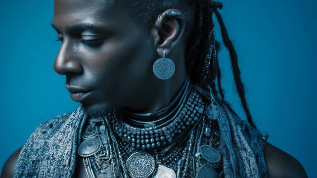 Stylish male model adorned in ethnic jewelry, featuring multiple earrings, bead necklaces, pendants, and ornate accessories against a blue backdrop.