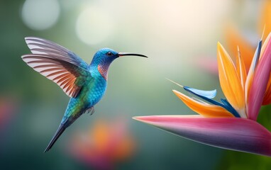 Obraz premium Vibrant blue hummingbird in flight feeding from colorful exotic flower petal