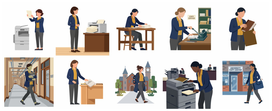 Set of illustrations showing people using photocopiers and printing services in a university or office environment.