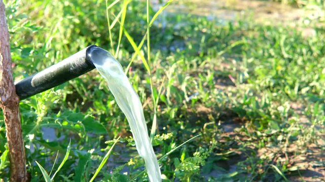 Water pouring from a pipe onto green grass field close up