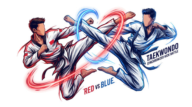 Taekwondo, martial arts, fighting, sports, vector icons, red and blue, kickboxing, combat sports, athletic competition