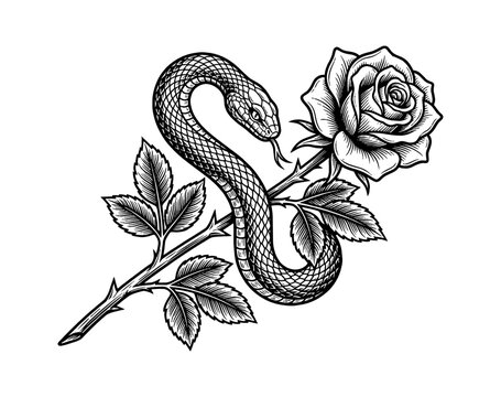 Black and white ink drawing of a snake coiled around a rose flower isolated on transparent background, Vector