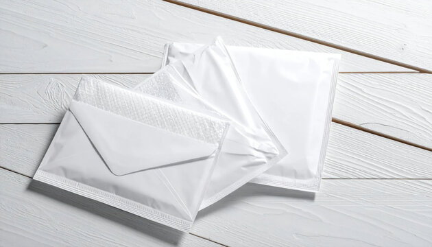 A stack of white mailing envelopes rests on a light wooden surface, prepared for sending important correspondence and documents.