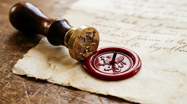 Classic brass wax seal stamp with heraldic griffin motif resting on sealed antique document on rustic wooden table for historical legal and notary concepts
