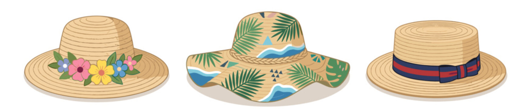 Summer hats collection fashion accessory illustration with brim hats visors caps for vacation outfits beach retail catalog travel promotion seasonal apparel design creative summer layout