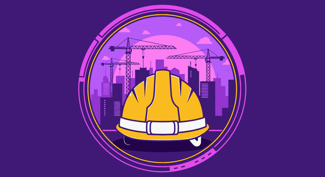 Yellow construction helmet with city skyline and industrial cranes
