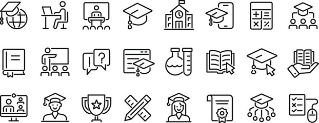 Fototapeta premium Set of education and learning featuring graduation caps, books, students, and classroom in black outline on white background